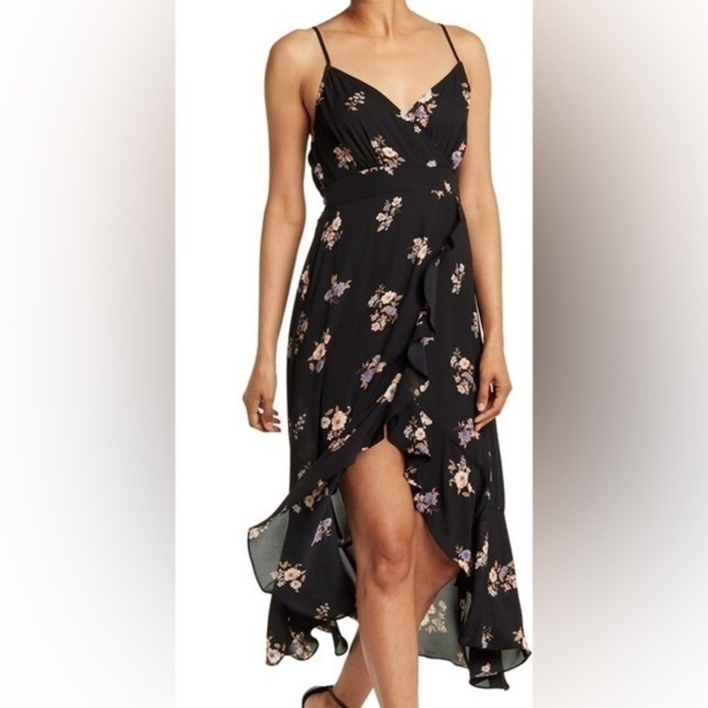 Inspired Hearts Black Floral Ruffle High Low Midi Dress Medium Wrap Neck Smocked